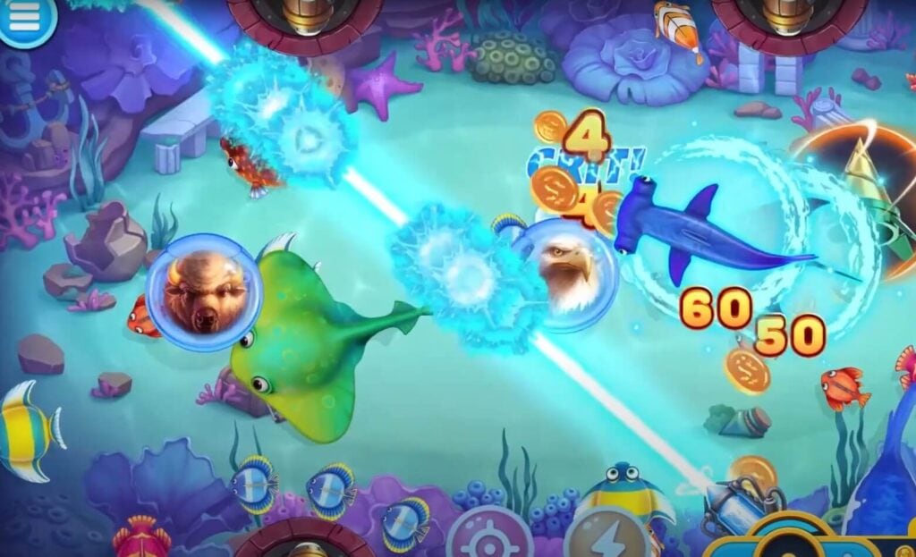 หน้าจอเกมยิงปลาใต้น้ำพร้อมเป้าหมายหลากหลายชนิด